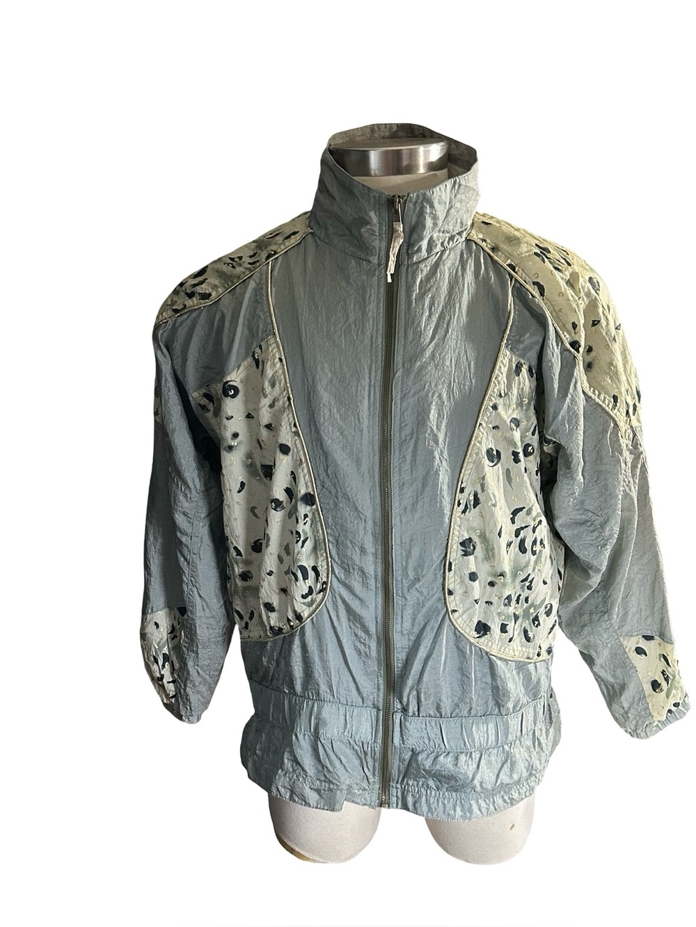 Vtg Abvien Women Sz L Gray Nylon Windbreaker Jacket Abstract Paint Metallic Pop